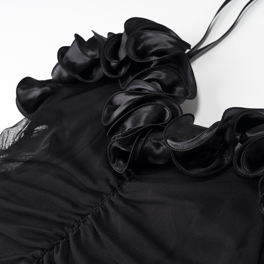 Robe d'été noire plissée taille haute