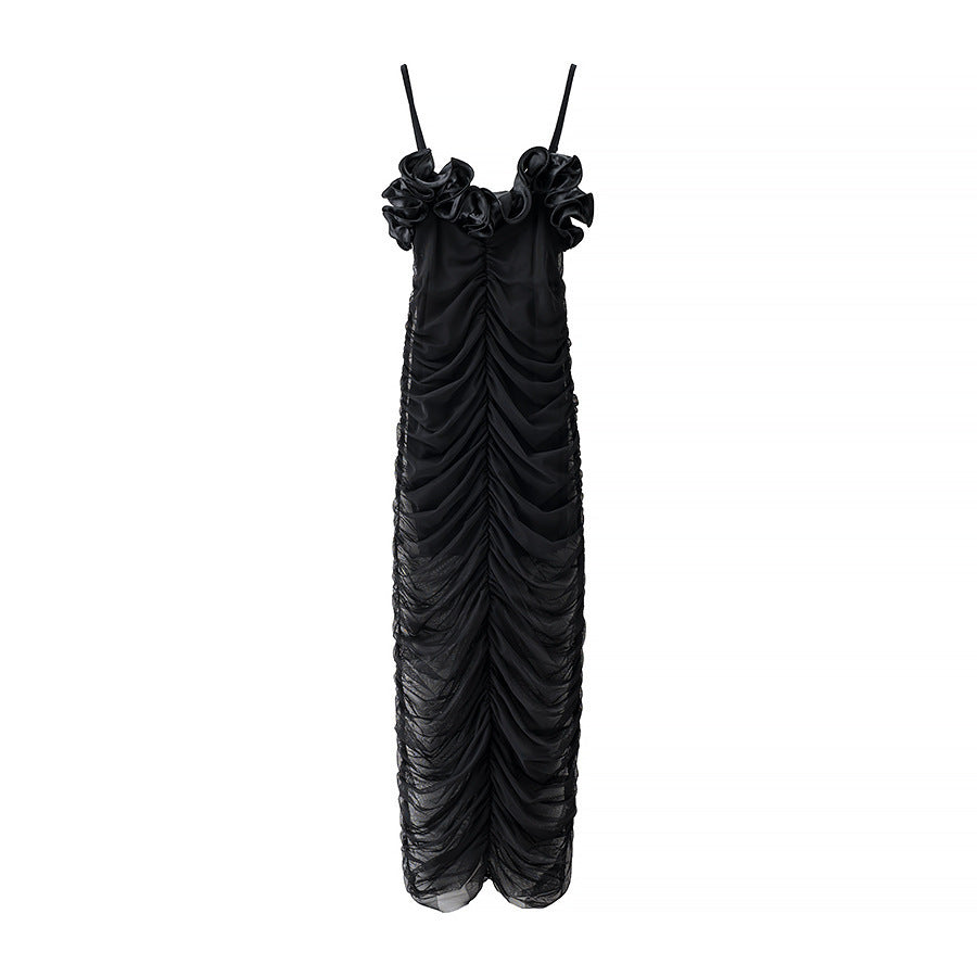 Robe d'été noire plissée taille haute