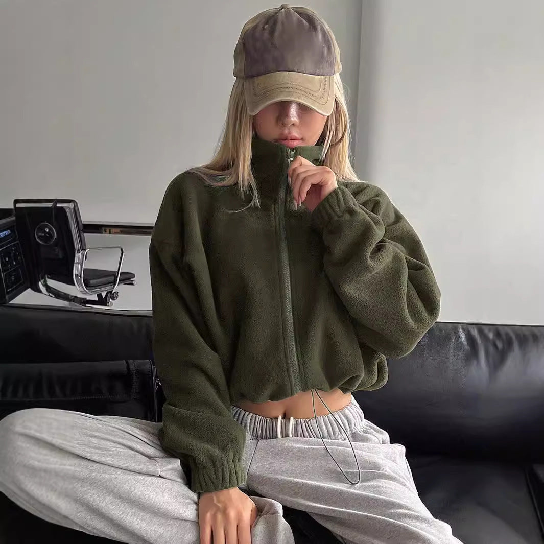 Manteau court à col montant pour femme, en laine d'agneau épaisse, avec cordon de serrage, pour l'automne et l'hiver