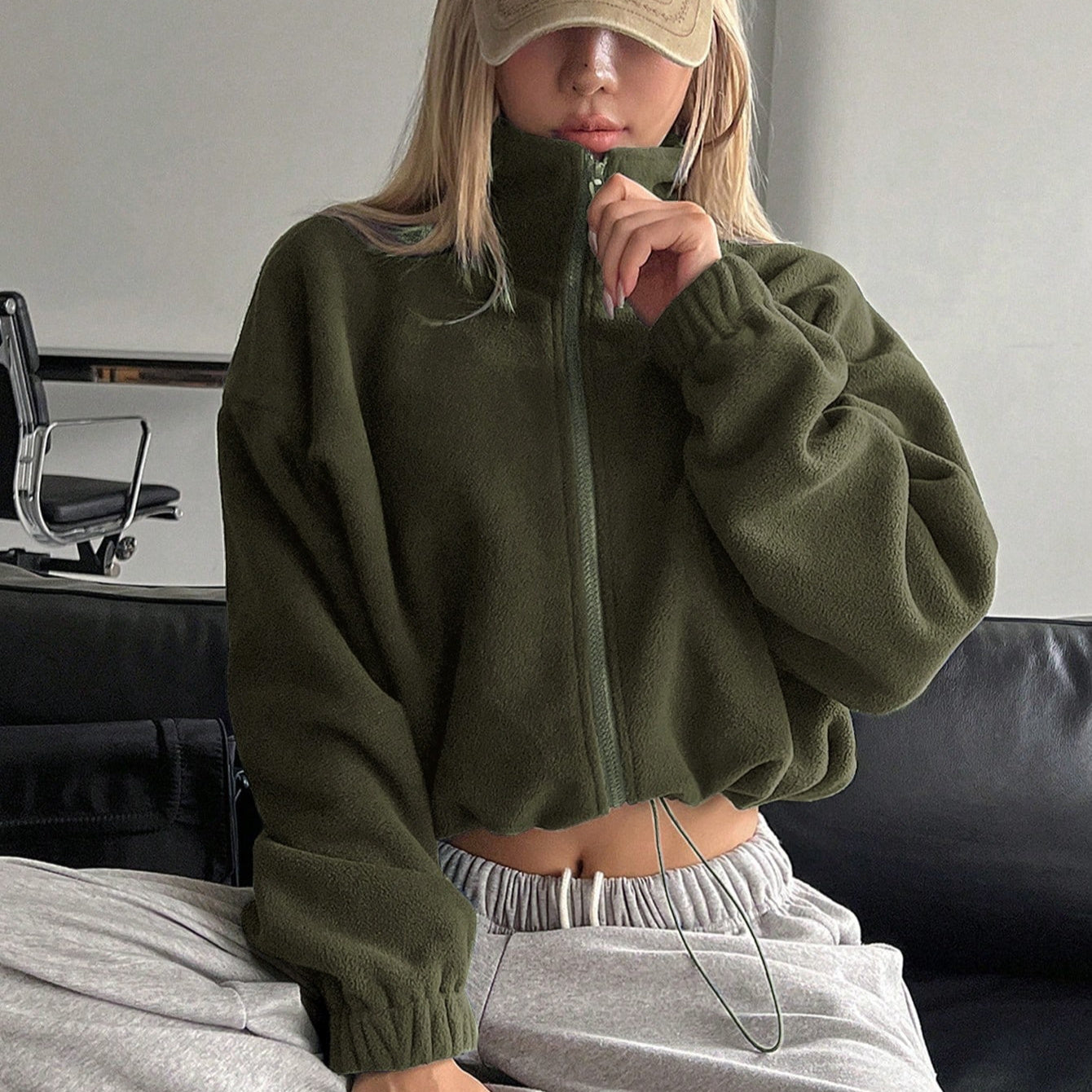 Manteau court à col montant pour femme, en laine d'agneau épaisse, avec cordon de serrage, pour l'automne et l'hiver