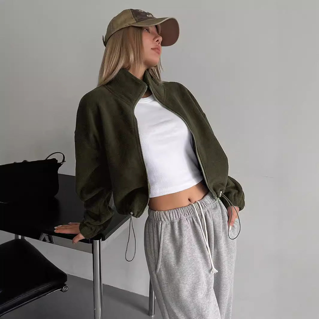 Manteau court à col montant pour femme, en laine d'agneau épaisse, avec cordon de serrage, pour l'automne et l'hiver