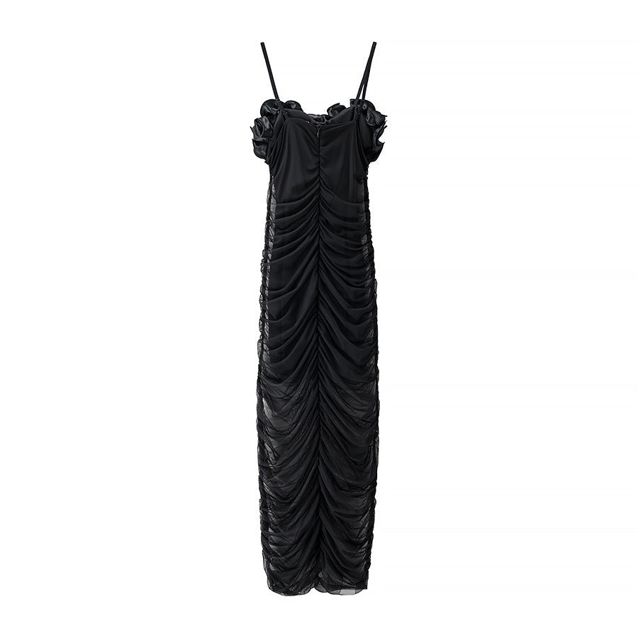 Robe d'été noire plissée taille haute