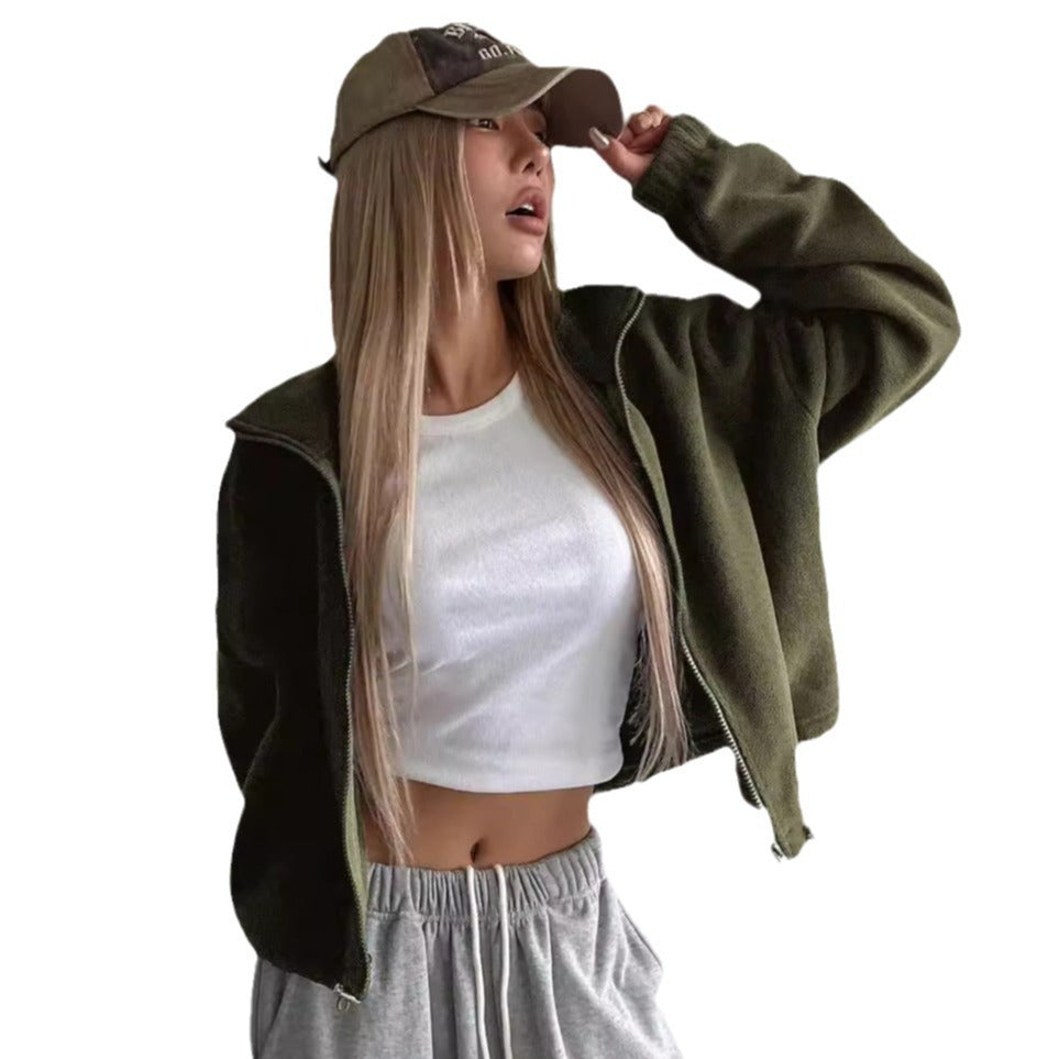 Manteau court à col montant pour femme, en laine d'agneau épaisse, avec cordon de serrage, pour l'automne et l'hiver