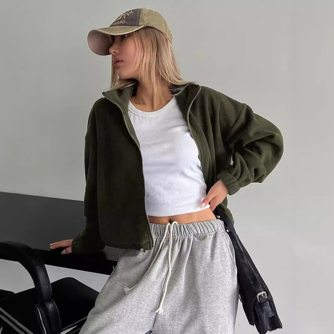 Manteau court à col montant pour femme, en laine d'agneau épaisse, avec cordon de serrage, pour l'automne et l'hiver